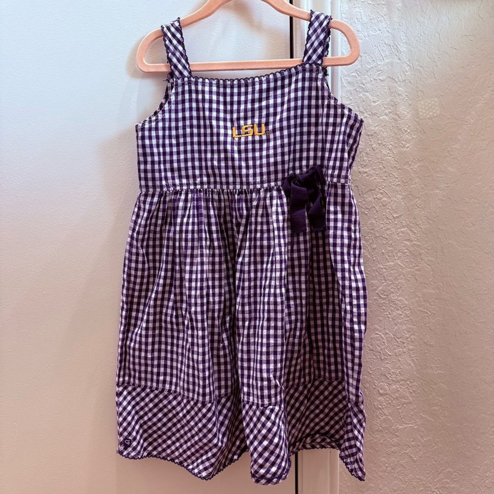Purple Gingham LSU Kids Dress with Bow